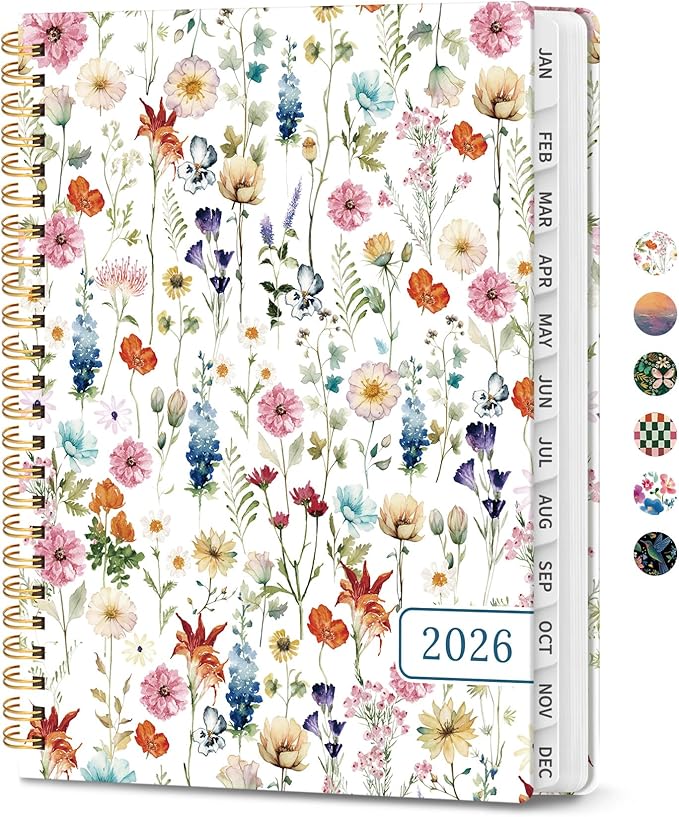 Taja Planner Jan 2026 - Dec 2026, Hardcover Weekly & Monthly Calendar Planner/Planning Agenda Book for Women with Tabs & Inner Pocket, Spiral Bound for School/Office Supplies, Wildflowers, 6.3" x 8.5"