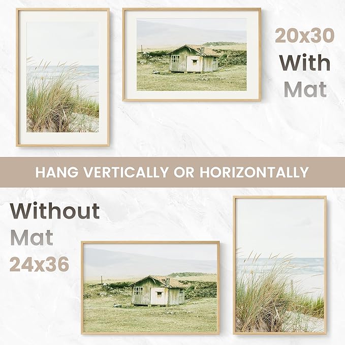 24x36 Poster Frame, USA-Sourced Natural Beech Wood Picture Collage Frame with HD Tempered Glass, Modern Simple 24 x 36 Wooden Photo Frame Matted to 20x30, Vertical & Horizontal Wall Hanging Display