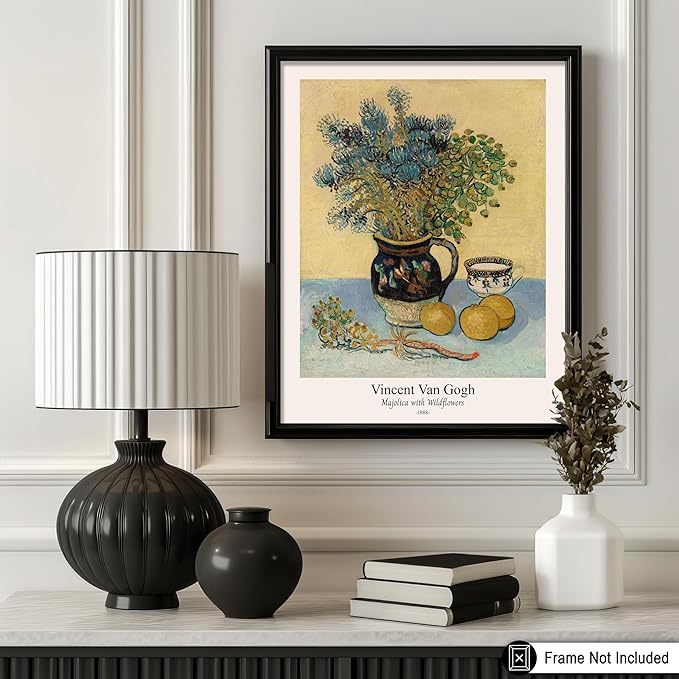 Monem Art Vintage Van Gogh Poster - Retro Majolica with Wildflowers Print - Impressionism Art - Flower Art - Fine Art - Classic Painting Art - Floral Living Room Decor - 8x10 UNFRAMED Wall Art