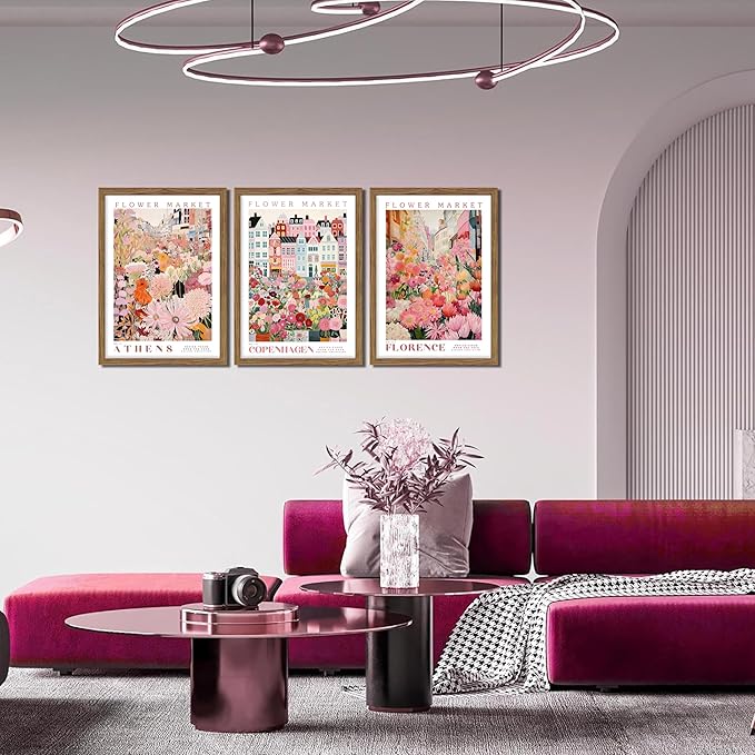 Floral Wall Art Set of 3, Colorful Flower Market Canvas Wall Decor Paintings, Pink Wildflower Botanical Posters Prints Pictures Artwork for Bedroom Living Room 16x24 Inch Wood Framed