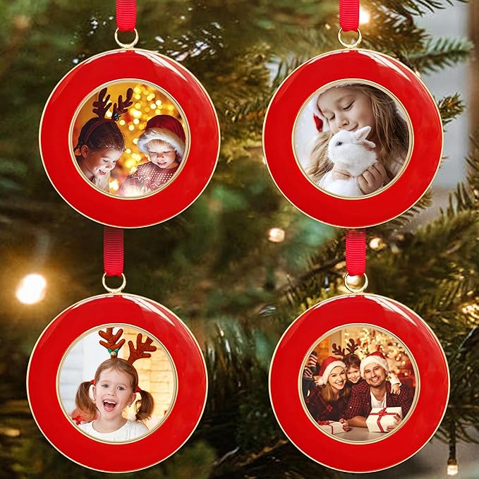 Christmas Picture Frame Ornaments - Set of 4 Red 2.5x2.5 Inch Mini Frames with Red Ribbon, Metal Photo Frames for Christmas Tree Decorations, Holiday Gift for Family & Friends