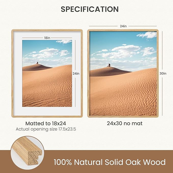 Natural Oak Wood Picture Frame 24x30, Wooden Poster Frame with Mat for 18x24, Round Corner 24 x 30 Matted Picture Frames with Resistant Plexiglass for Wall Mounting or Tabletop, Oak Color, Set of 1
