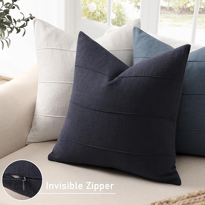 ZWJD Decorative Linen Throw Pillow Covers 22x22 Set of 2 Solid Handcrafted Striped Throw Pillows for Bed Soft Modern Farmhouse Neutral Pillowcase for Couch Bedroom Living Room Home Decor(Dark Navy)