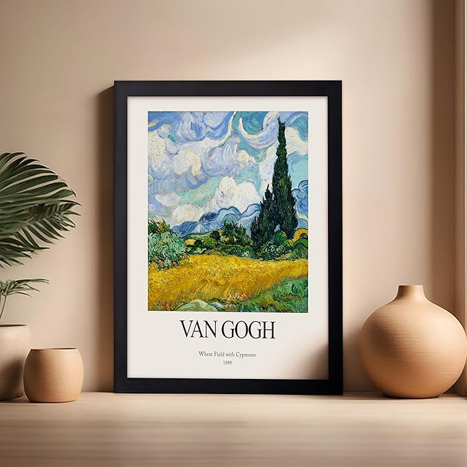 Monem Art Vintage Van Gogh Poster - Retro Impressionist Print - Wheat Field With Cypresses, Trees, Sky, Landscape - Gift for Artist, Friend - Wall Decor for Home, Office, 16x20 Black Framed