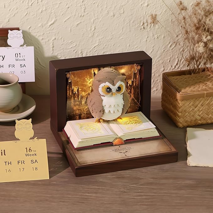 3D Calendar 2026, Owls Piece Calendar 2026 with LED Light, Daily Tear-Off Memo Pad, Owls Paper Carving Desktop Decoration, Unique Holiday & New Year Craft Gift