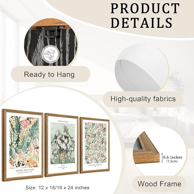 Fantasy Artists Framed Colorful Wall Art Set of 3 Impressionism Henri Matisse Van Gogh William Morris Flower Botanical Abstract Artwork Prints for Living Room Bedroom Bathroom 16" x 24"