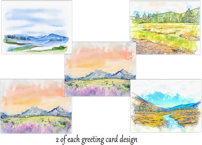 Nature Landscape Greeting Cards, 10 All Occasion Cards with Envelopes, 5x7 Inches, Watercolor Mountain and River Scenes, Blank Inside