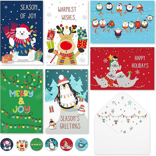 Christmas Cards with Envelopes & Stickers, 36 Pack 4x6 Inch Merry Christmas Cards, Funny Holiday Card, 6 Assorted Designs Greeting Card for Xmas