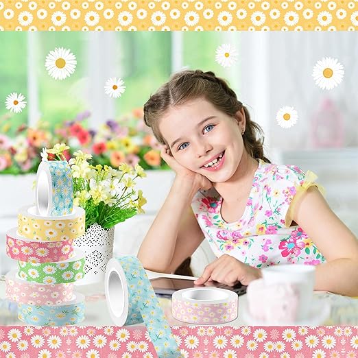 12 Rolls Daisy Washi Tape Set - Spring Summer Flower Decorative Tape for Journals, Planners, Scrapbooking, Packaging & Crafts DIY - 12 Unique Patterns