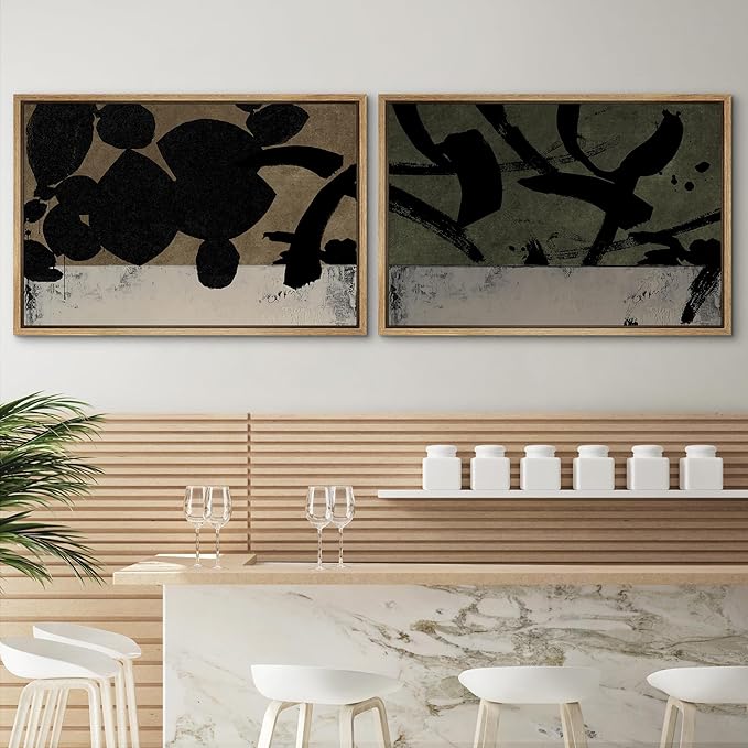 SIGNWIN Framed Canvas Print Wall Art Set Abstract Black Brushstroke Illustrations Modern Art Minimal Boho Colorful for Living Room, Bedroom, Office - 24"x36"x2 NATURAL
