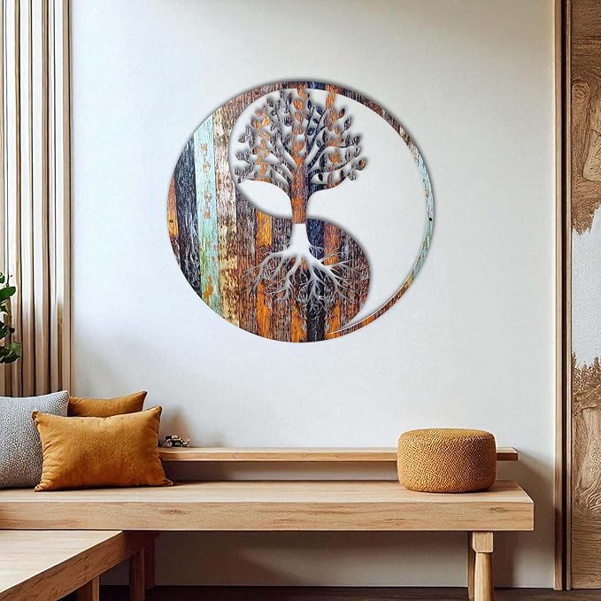 Venodeco Yin Yang Tree of Life Wall Decor – Indoor & Outdoor Use | 2mm Laser-Cut Steel with UV Printed Design | Elegant Wall Art for Home, Garden, Living Room, Office | Floating Effect, Easy to Hang