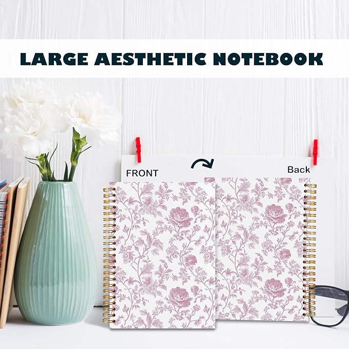 BearCake Pink Chinoiserie Grandmillennial Notebook Journal,Floral Aesthetic Notebook, Chinoiserie Journal, Pink Aesthetic Office Supplies, Notebooks for Work, Hardcover Spiral Notebook 5.5x8.3