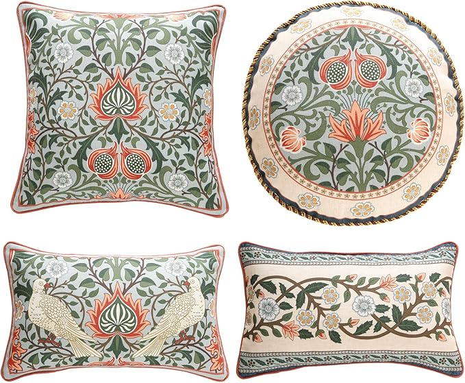 ISAENNE Design Retro Elegant Linen Throw Pillow Covers Set of 4, Blue Gray Floral Pattern Cushion Covers Decor Lumbar Round Square Pillowcases for Bed,Living Room,Outdoor,Car