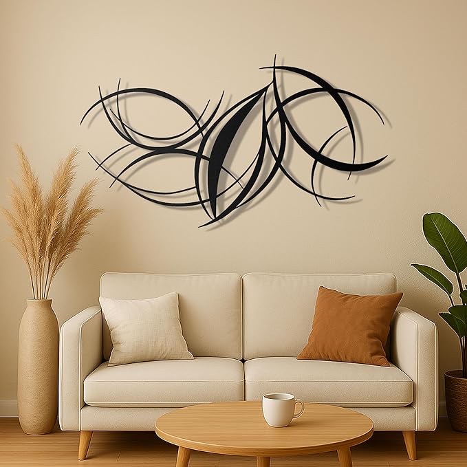 pluviart Modern Abstract Metal Wall Art – Black Curved Lines Sculpture for Living Room, Bedroom or Office – Large 3D Contemporary Home Decor – Minimalist Iron Wall Accent (30”x17”)