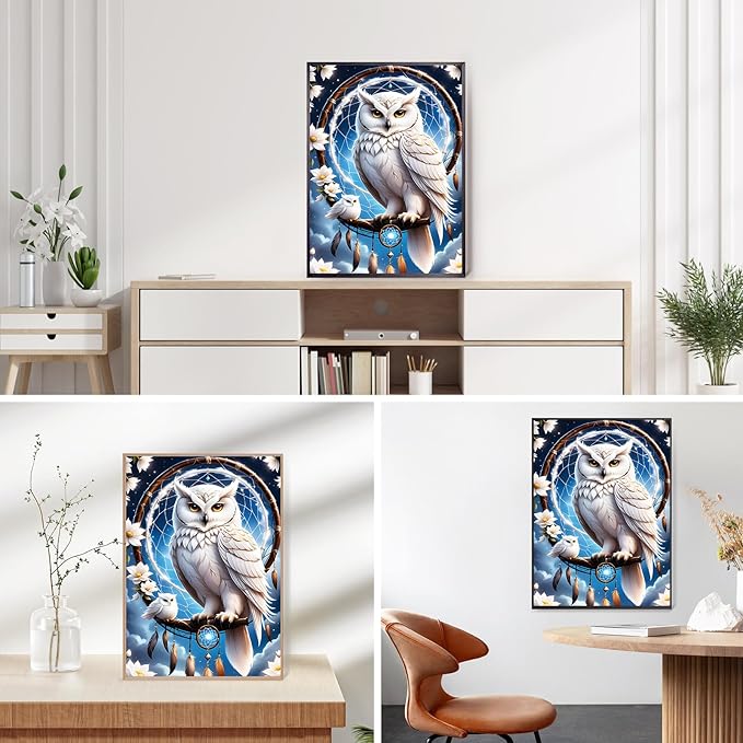 QINRUBB DIY White Owl Diamond Art Kit for Adults Beginners, Full Drill Dream Catcher Diamond Painting Kits, 5D Dreamland Owl Painting by Numbers DIY Craft Kits for Home Wall Decor 12x16 inch