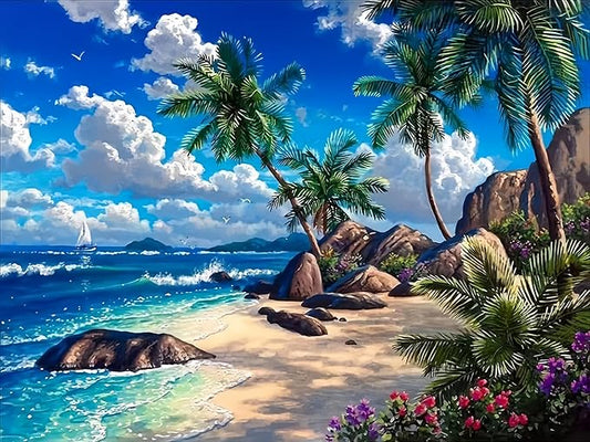 Diamond Art Kits for Adults Beach, DIY 5D Diamond Painting Kit for Beginners, Seaside Full Round Drill Gem Art Dots for Adults, Diamond Dots Paintings Crafts Home Wall Decor 12X16 Inch