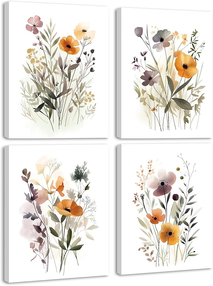 Drsoum Wildflower Bouquet Boho Framed Wall Art Wooded Minimalist Aesthetic Botanical Flower Prints Modern Plants Bathroom Kitchen Home Decor Ready to Hang 8x10inx4pcs (Framed)