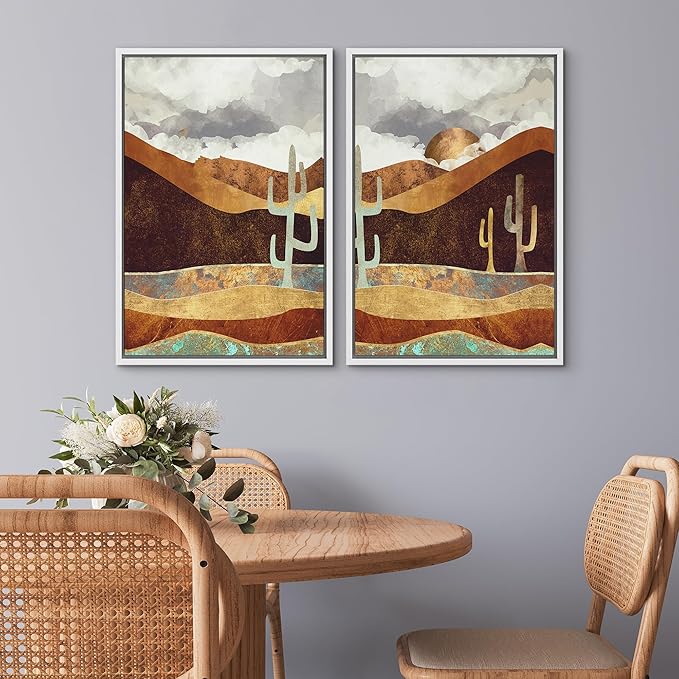 SIGNWIN Framed Canvas Print Wall Art Set Geometric Granite Desert Cactus Landscape Nature Wilderness Illustrations Modern Art Scenic Colorful for Living Room, Bedroom, Office - 16"x24"x2 White