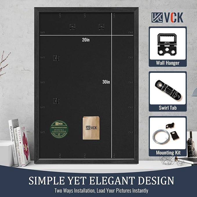 VCK 20x30 Frames Black Set of 5, Wide Border Wood, Display 18x24 Picture Photo with Mat or 20 x 30 without, for Home, Office, Gallery, Woodgrain Series, Wall Hanging
