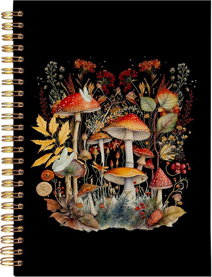 BearCake Dark Cottagecore Mushroom Notebook Journal, Mushroom Gifts for Mushroom Lovers, Witchy Notebook Journal, Witchy Gifts for Women, Mushroom Office Supplies, Hardcover Spiral Notebook 5.5x8.3
