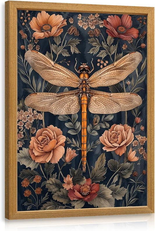 LLEEMPI William Morris Wall Art, Vintage Dragonfly Floral Wall Decor, Abstract Insect Flower Canvas Painting, Nature Botanical Poster Print for Living Room Bedroom Bathroom Office Wood Framed 8x10 inch