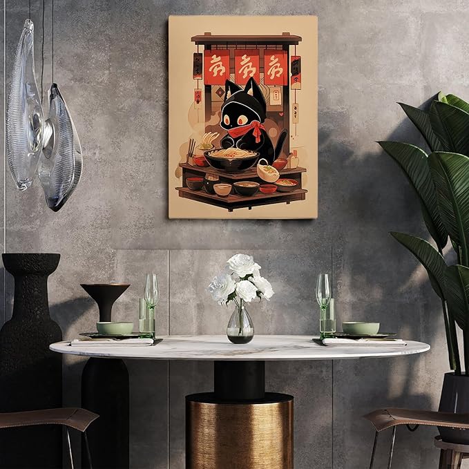 Ramen Shop Cat Poster,Noodle Black Cat Poster,Vintage Ramen Print,Lucky Cat Print,Tokyo Print,Funny Cat Shop Owner Art,Edo Period,Kitchen Wall Decor16x24 Framed