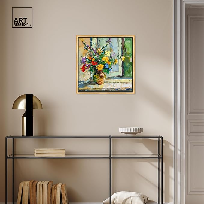 Art Remedy Vase By The Window Framed Impressionism 1 Piece Canvas Wall Art/Monet And Van Gogh Inspired Art, 21.5" x 21.5", Gold Frame