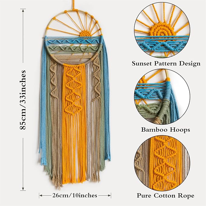 LB Macrame Wall Hanging Boho Macrame Wall Decor, Sunset Wall Art Dream Catcher Hand Woven Wall Art Boho Colorful Sun Tapestry for Bedroom Living Room Nursery Office Backdrop, 10x33 Inch