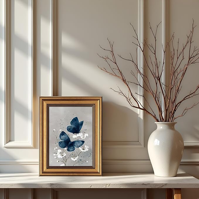 okudolit Gold Framed Navy Blue Butterfly Canvas Wall Art Print White Flower Botanical Painting Boho Neutral Insect Gray Vintage Moth Artwork Wall Decor for Living Room Bedroom Bathroom 8x10in
