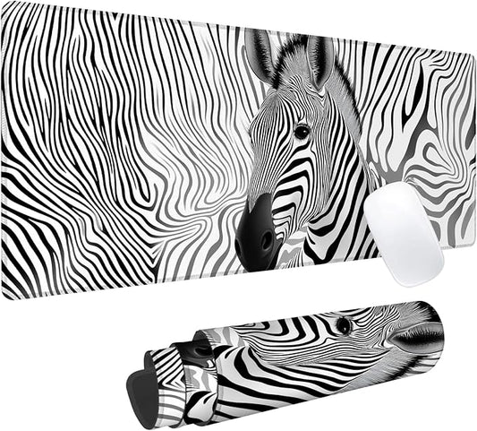 Monochrome Zebra Gaming Mouse Pad, Office Desk Mat, Anti-Slip Rubber Base Cool Aesthetic Mouse Pads for Computer Laptop Keyboard School Home Desktop Gamer Home Accessories Decor 31.5" x 11.8"