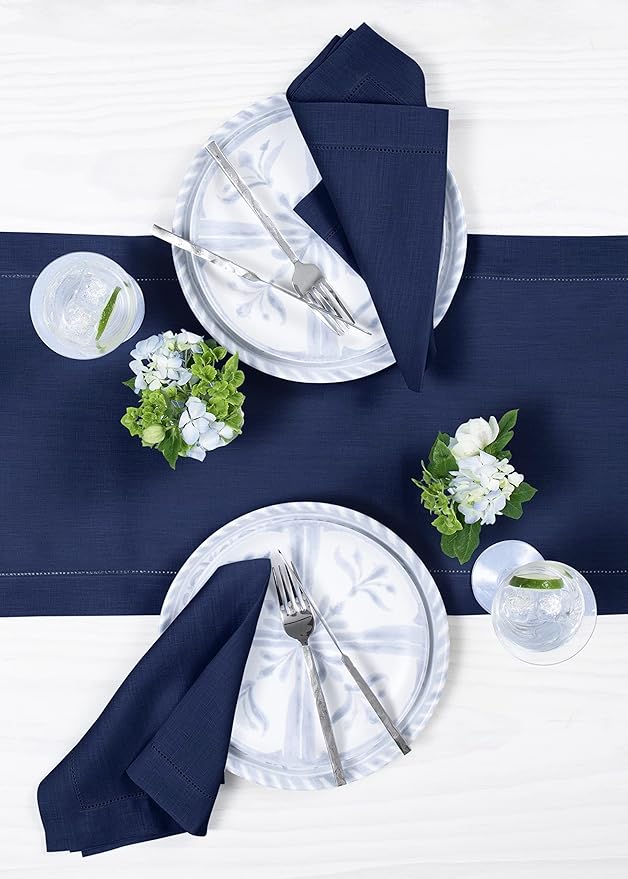 Solino Home Linen Table Runner 120 Inches Long - Classic Hemstitch 100% Pure Linen Navy Blue Dining Table Runner 16 x 120 Inch for Easter, Winter