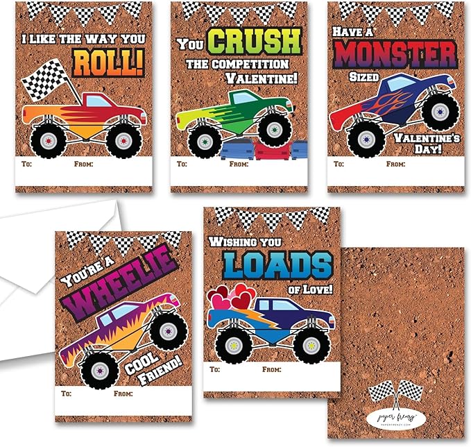 Paper Frenzy Monster Truck Themed Valentines - 25 pack WITH ENVELOPES