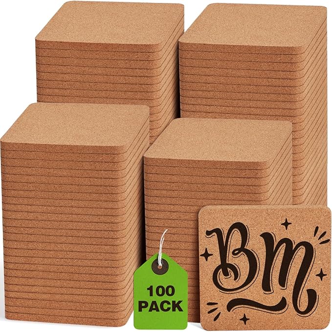 100 Pieces Cork Coasters for Drinks, GOH DODD Thicken Absorbent Blank Coasters for DIY Crafts Laser Engraving Sublimation Wood Burning Plants Painting Housewarming Gifts Wedding, Round, 4 Inch, Square