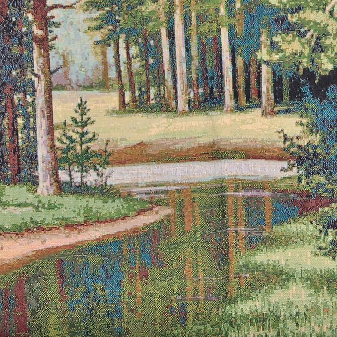AureoMadis Premium Large Jacquard Woven Forest Tapestry 49"x28" - Vintage Pine Woods River Landscape Wall Hanging, Fully Lined Fine Art Decor with Dual Rod Pockets