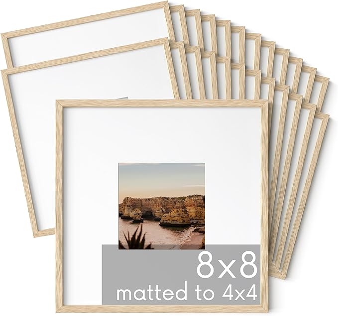 HAUS AND HUES Beige Oak Wood 8x8 Picture Frames - Set of 25, Square Frames with Mat, Modern Frames for Photos and Artwork (8x8 in, Beige, Set of 25)