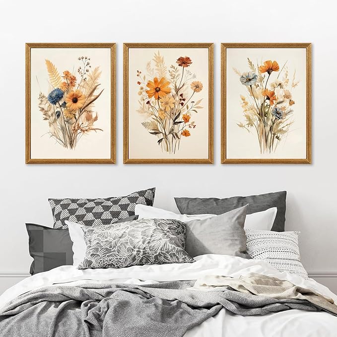 Framed Vintage Wildflower Canvas Wall Art Set of 3 Floral Country Farmhouse Watercolor Flowers Prints Rustic Wood Frame Botanical Artwork Poster for Bedroom Living Room Girls Room Decoration 16" x 24"