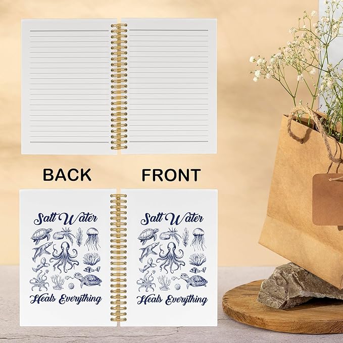 Coastal Beach Notebook, Inspirational Salt Water Heals Everything Ocean Marine Journal Notebooks, Ocean Themed Gifts, Beachy Office School Supplies Hardcover Spiral Notebook 5.5x8.3 Inch