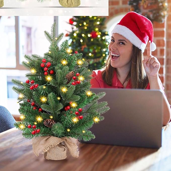 Mini Christmas Tree,20 inch/50CM Small Christmas Tree with Lights with 2M LED Lights,75 Branch Tips,for Home Office Christmas Decorations