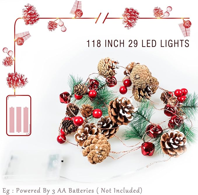 Christmas Decorations Indoor-10FT Enchanting Christmas Garland with 30 LED Lights Battery Operated-Realistic Red Berries & Pine Cones Decor for Tree,Fireplace Mantel,Indoor Holiday Home Decor
