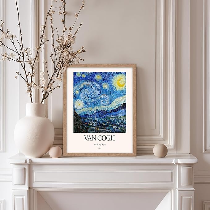 Monem Art Vintage Van Gogh Poster - Retro Impressionist Print - The Starry Night, Moon, Stars, Abstract - Gift for Artist, Friend - Wall Decor for Home, Office, 8x10 Beige Framed