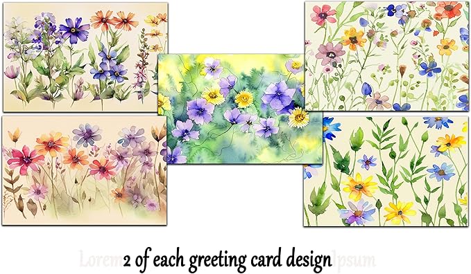 Wildflower Greeting Cards, Set of 10, All Occasion 5 x 7 inch Note Cards with Envelopes, Blank Inside, Colorful Watercolor Floral Bouquet Designs
