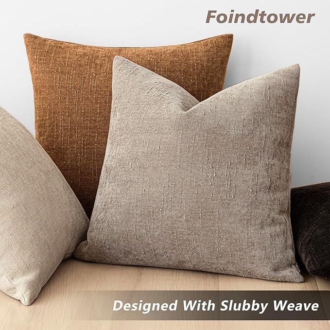 Foindtower Set of 2 Soft Textured Chenille Throw Decorative Pillow Covers Square Accent Solid Cushion Cover Cozy Neutral Farmhouse Pillow Case for Couch Sofa Bedroom Living Room 26x26 Inch,Light Taupe