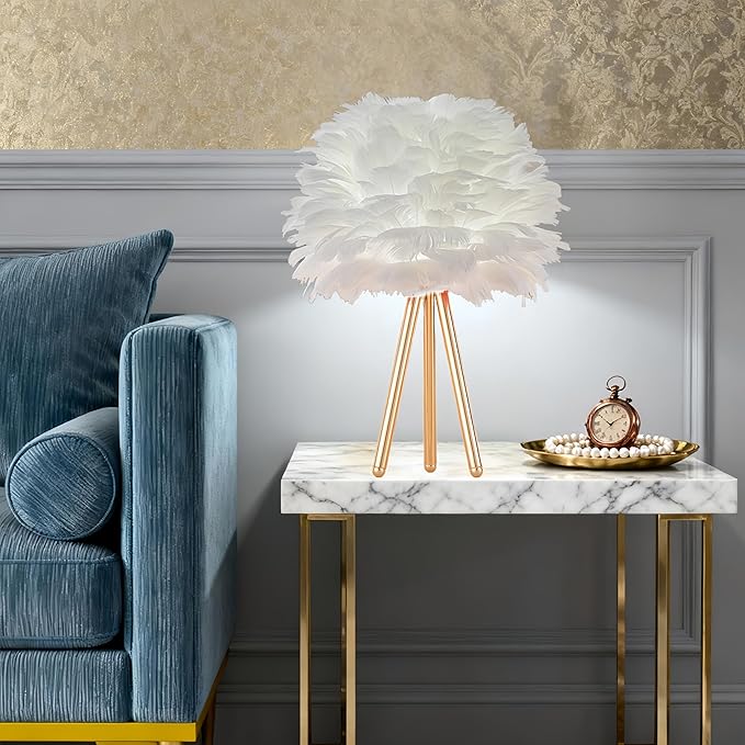 ZYLEIESENBAO White Feather Lamp Furry Table Lamp H16'' Modern Princess Feather Desk Lamp Tripod Fluffy Bedside Nightstand Light for Bedroom Wedding Atmosphere Girl Gift Living Room Retaurant Entryway