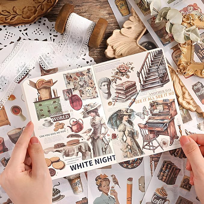 Snycler 2 Books Vintage Scrapbook Stickers 960 Pre-Cut Washi Stickers for Journaling Journal Sticker and Halloween Ghost Pumpkin Designs for Adults Scrapbooking Supplies