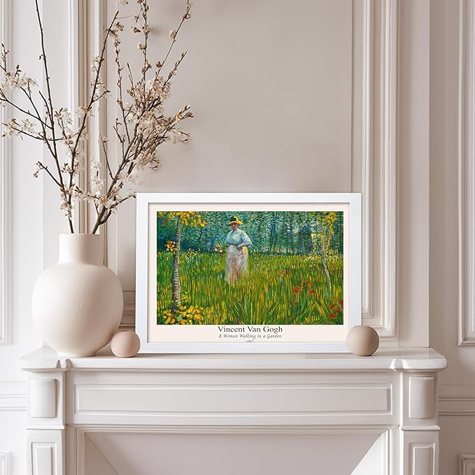 Monem Art Vintage Van Gogh Poster - Retro A Woman Walking In A Garden Print - Impressionism Art - Fine Art - Classic Painting Art - Floral Art - Bedroom or Office Decor - 11x14 White Framed