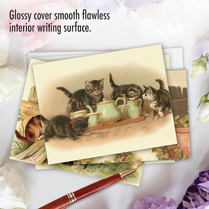 The Best Card Company - 10 Adorable Blank Cat Cards (4 x 5.12 Inch) - Cute Pet Kittens, Assorted Bulk Notecard Set - Cutey Cats M1732BN