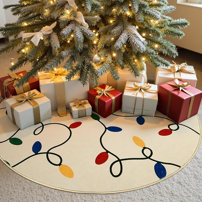 jinchan Jingle Lights Round Christmas Rug for Living Room 5ft Beige Circle Holiday Rug for Bedroom 5' Colored String Lights Printed Xmas Decor Washable Indoor Carpet for Dining Room Foyer Non-Slip