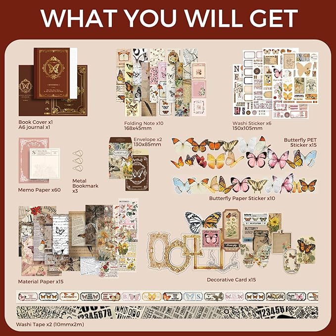 Funto Scrapbooking Kit(140 PCS), Vintage Collection-Whispers of Nature, Perfect for Bullet Scrapbooking Materials, Planner DIY Arts Craft Collage
