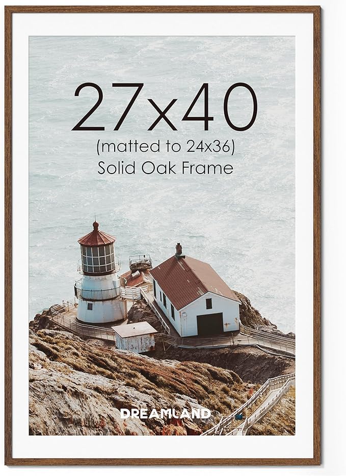 Dreamland Natural Oak Wood Picture Frame 27x40, Wooden Poster Frame with Mat for 24x36, 24 x 40 Matted Picture Frames with Tempered Real Glass for Wall Art Photo and Prints, Walnut Color, Set of 1