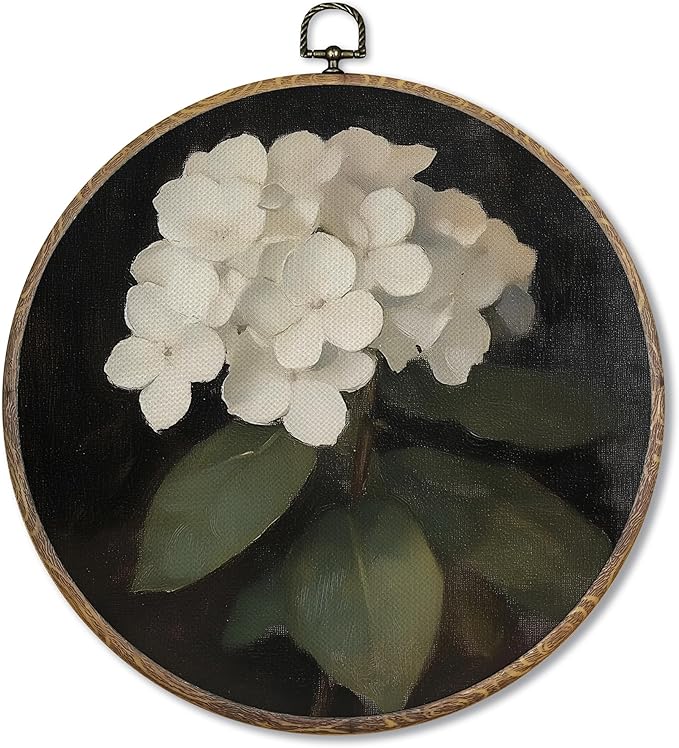 FUGWN Vintage Hydrangea Floral Round Wall Art Decor Framed, Dark Cottagecore White Hydrangea Floral Canvas Artwork Prints, Flower Wall Hanging Decorations for Home Bedroom Living Room, 10x10 Inch